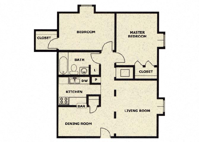 Floor plan for 2 beds, 1 bath, 930 sqft